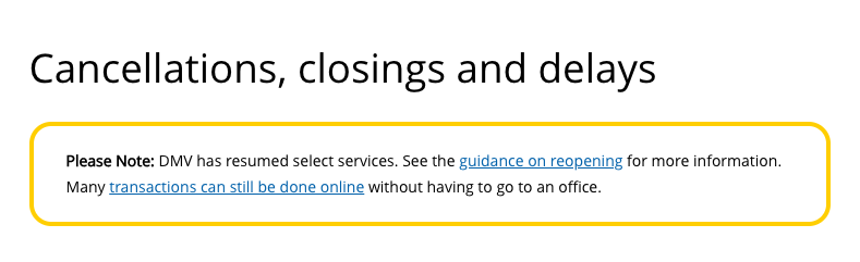 Notice of NY DMV closures from DMV website